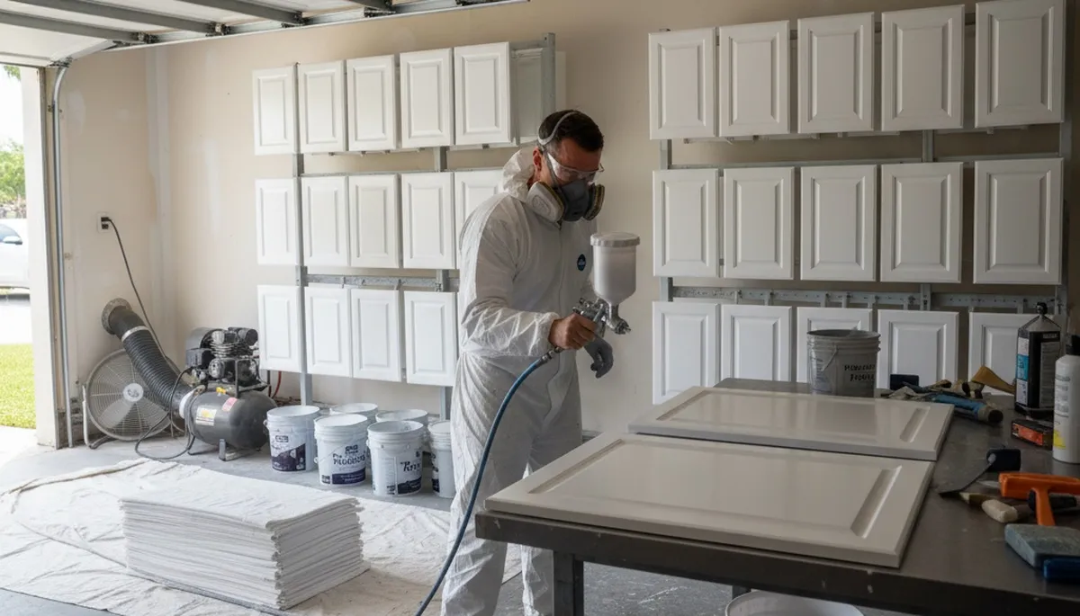 Professional cabinet painting in Clearwater FL using spray techniques for smooth, durable kitchen finishes