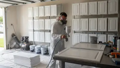 Professional cabinet painting in Clearwater FL using spray techniques for smooth, durable kitchen finishes