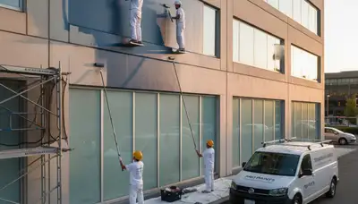 Professional commercial painters refinishing Clearwater FL business exterior with durable coastal paint