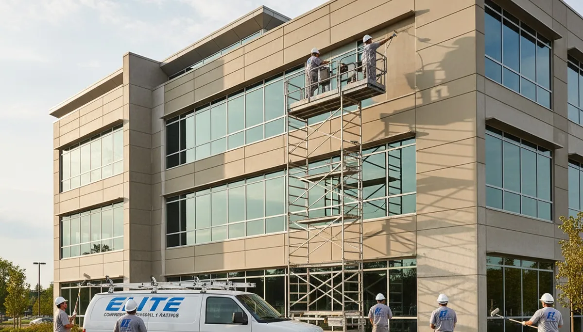 Professional commercial painters coating Clearwater FL business exterior with durable finish