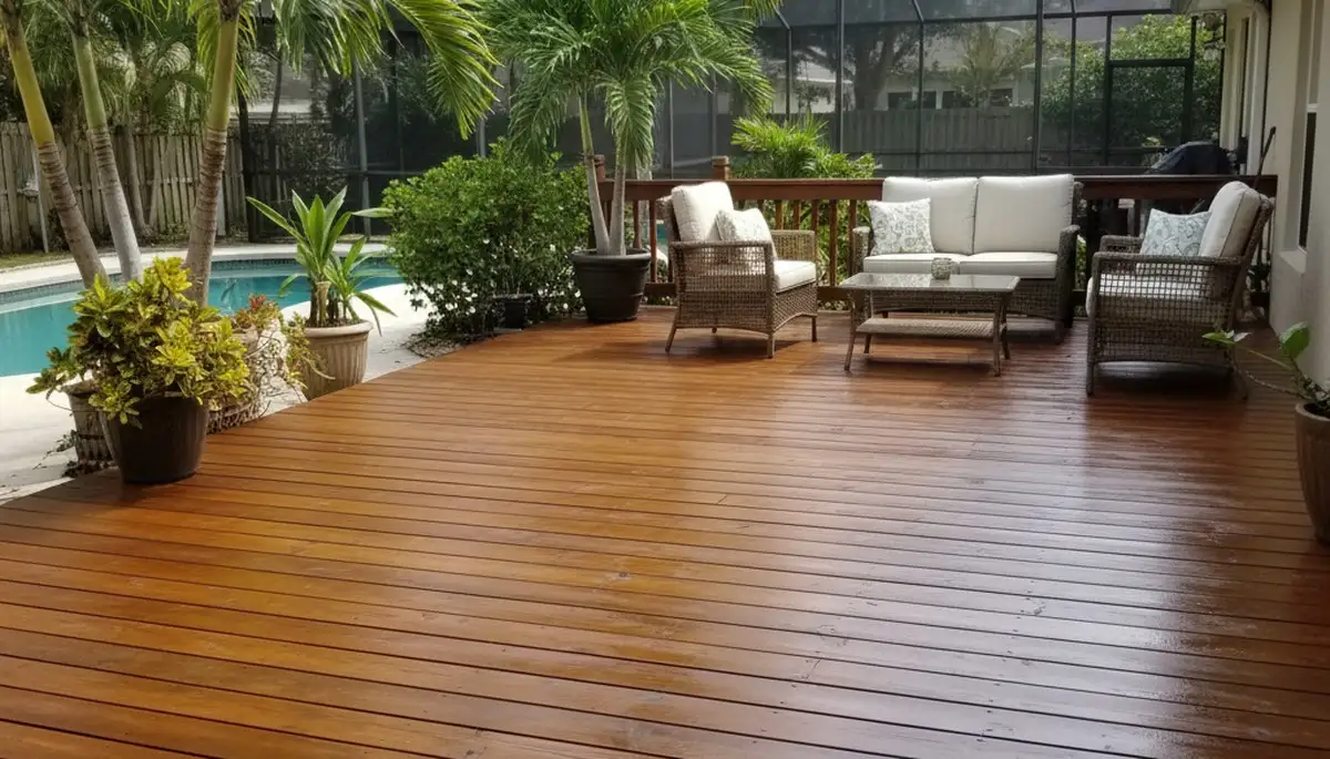 Finished deck staining in Clearwater FL highlighting rich wood tones and weather-resistant protective finish