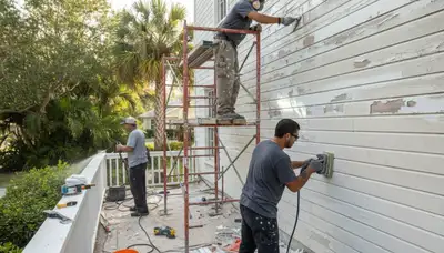 Painter prepping exterior wall for new coating in Clearwater FL home, ensuring smooth, durable paint finish