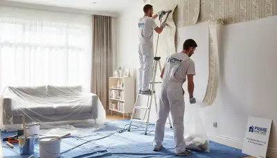 Technician removing old wallpaper in Clearwater FL home before interior painting prep